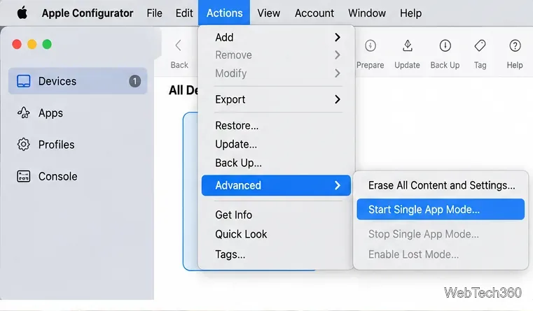 Menu Azioni di Apple Configurator con selezionata la modalità Avvia singola app