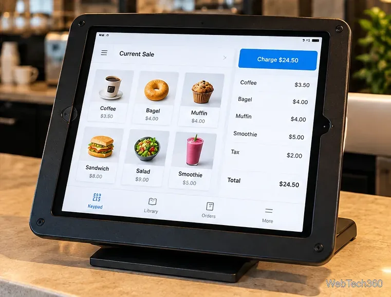 iPad fissato a un supporto da banco con su installata un'app per il punto vendita.