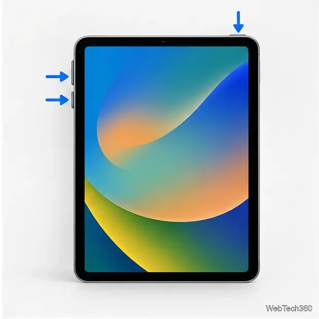 Vista frontal de um iPad sem botão Início, com setas indicando os botões de volume e o botão superior.