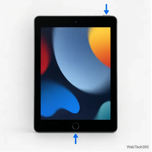 Vista frontal de um iPad com um botão Início circular, com setas indicando os botões Início e superior.