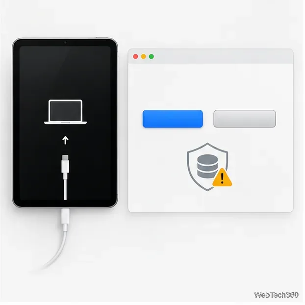 Uma janela de computador com duas opções de atualização ou restauração ao lado de uma tela de recuperação do iPad e um símbolo de proteção de dados.