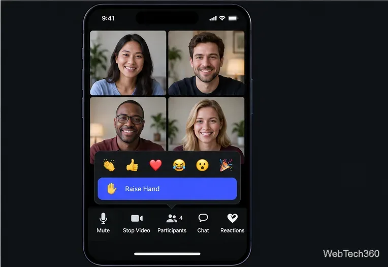 Экран видеоконференции Zoom на iPhone с выбранной реакцией «Поднять руку»