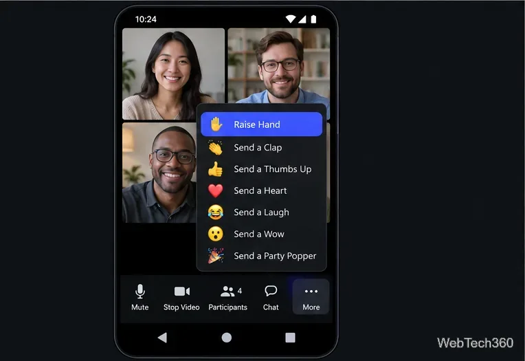 Экран видеоконференции Zoom для Android с открытым разделом "Ещё" и выделенной кнопкой "Поднять руку".
