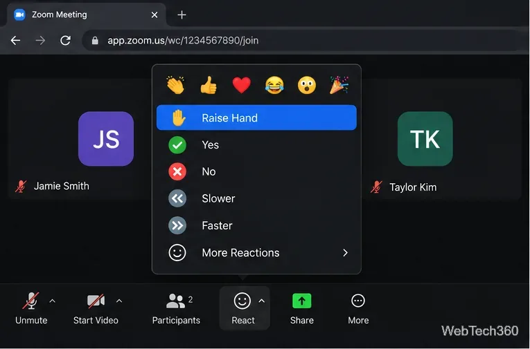 Откройте веб-приложение Zoom в браузере, откройте меню React и выберите пункт «Поднять руку».
