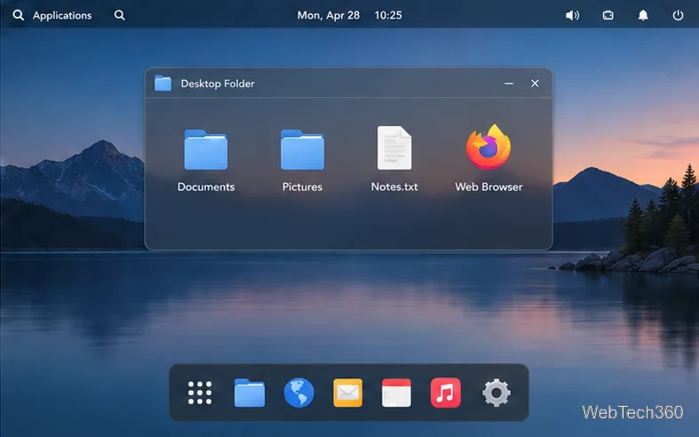 Desktop Folder panel visible after signing in, with folders, a note, and an app launcher