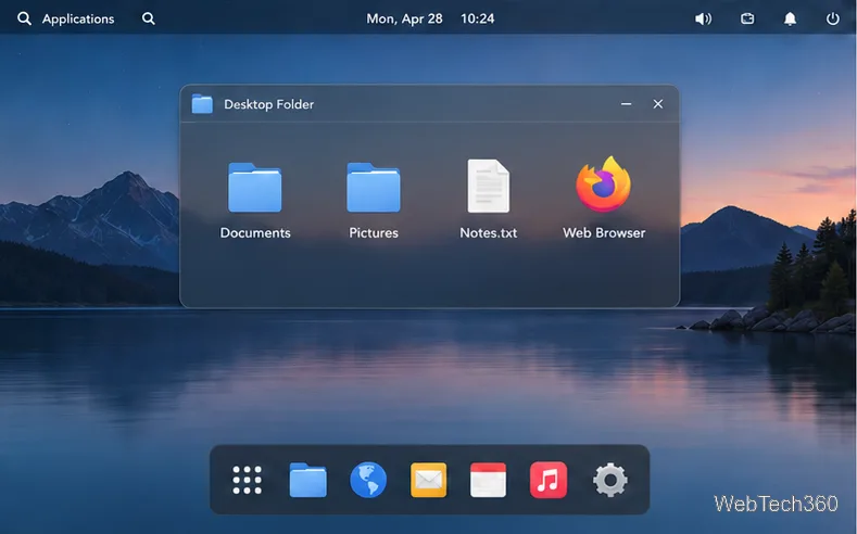 Desktop Folder panel on an elementary OS-style desktop containing Documents, Pictures, Notes.txt, and a Web Browser launcher