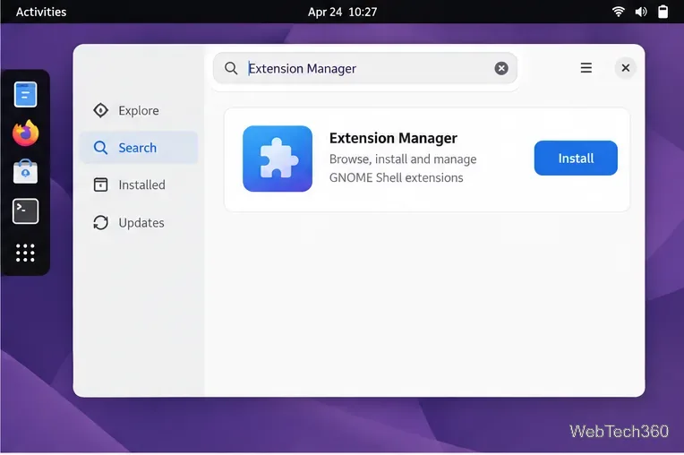 GNOME Software search results showing Extension Manager with an Install button