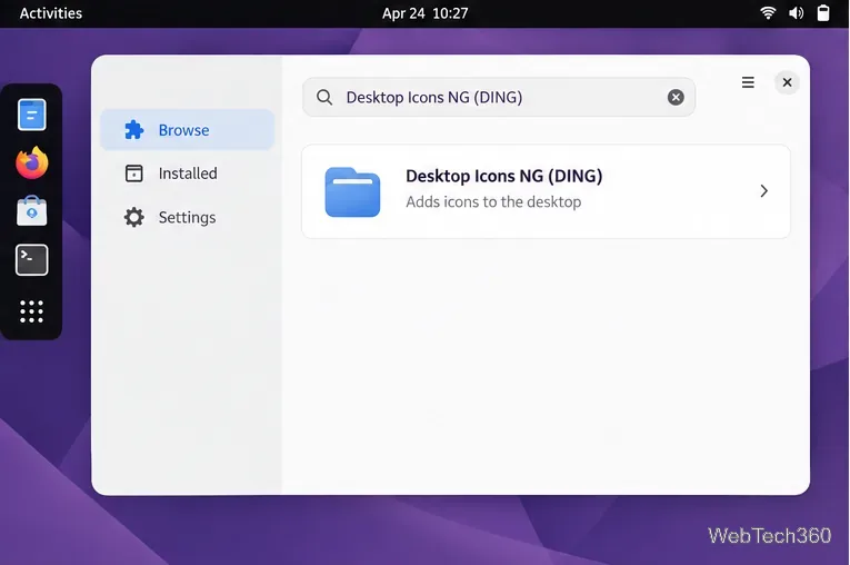Extension Manager Browse view with Desktop Icons NG (DING) in the search field and matching result