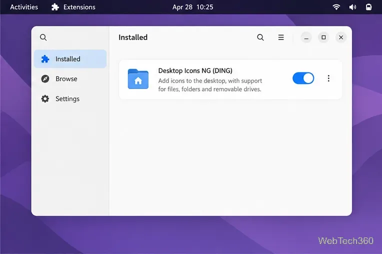 Extension Manager Installed tab showing the Desktop Icons NG toggle switched on