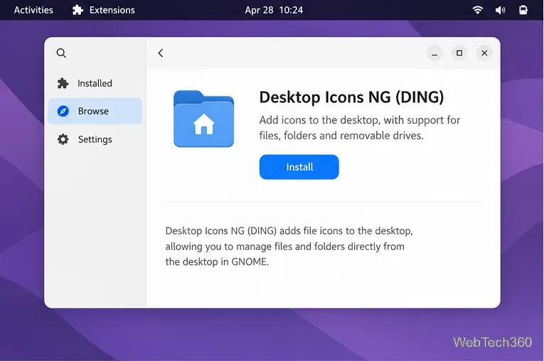 Extension Manager detail screen for Desktop Icons NG (DING) with the Install button