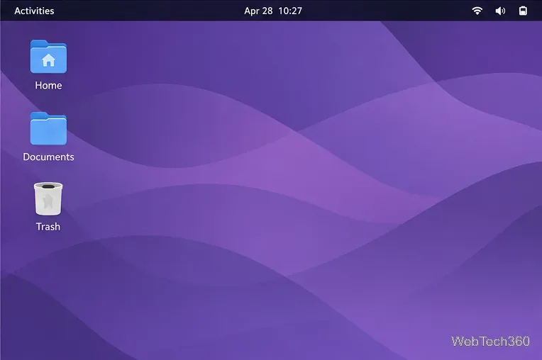 GNOME desktop displaying Home, Documents, and Trash icons in a column