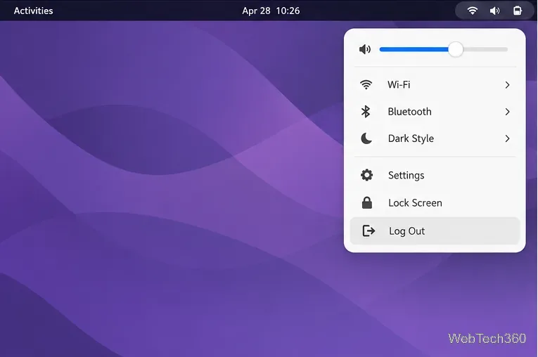 GNOME system menu with the Log Out command visible