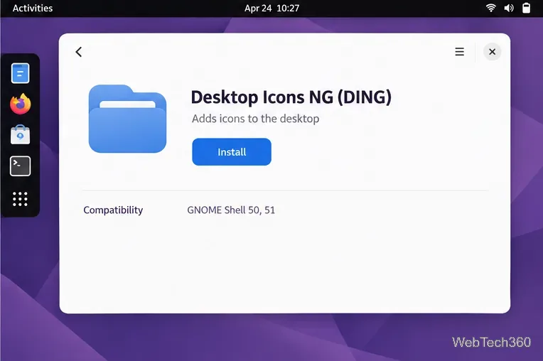Desktop Icons NG extension detail page showing its compatibility information and Install button
