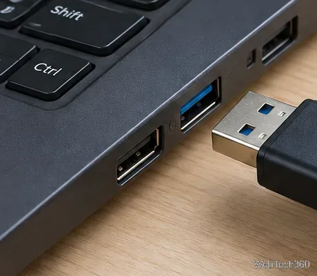 Um conector de leitor de cartão USB alinhado com uma porta USB-A de um laptop.