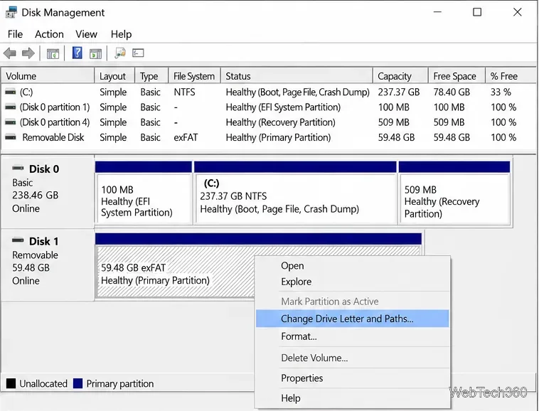 O Gerenciamento de Disco do Windows mostra um volume removível sem letra de unidade e a opção Alterar letra da unidade e caminhos.