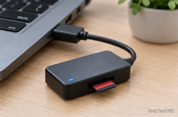 Um leitor de cartão microSD USB conectado a um laptop com um cartão inserido.