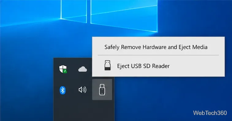 O menu "Remover hardware com segurança" e "Ejetar mídia" do Windows 10 lista um leitor de cartão SD USB.