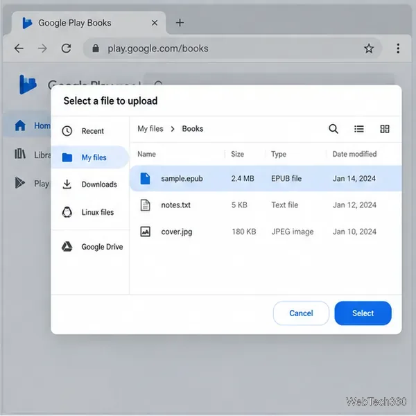 Chromebookのファイルピッカーでsample.epubがハイライト表示され、右下に「選択」ボタンがあります。