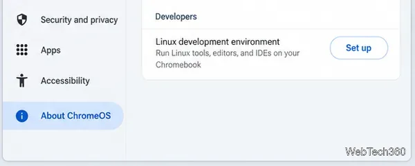 Chromebookの設定画面に開発者向けセクションとLinux開発環境が表示され、「セットアップ」ボタンが表示されます。