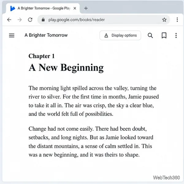 Google Play Booksのウェブリーダーで、表示オプションとブックマークコントロールを備えたEPUBチャプターを表示している。