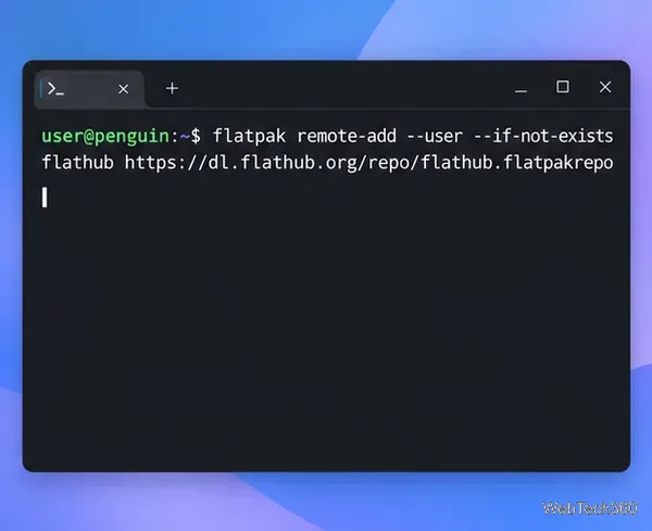 LinuxターミナルにFlathubリポジトリのflatpak remote-addコマンドが表示されている。