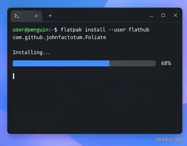 Linuxターミナルに、com.github.johnfactotum.FoliateのFlatpakインストールコマンドとインストール進行状況バーが表示されている。