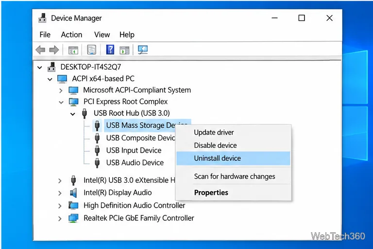 Menu kontekstowe Menedżera urządzeń dla wybranego urządzenia pamięci masowej USB