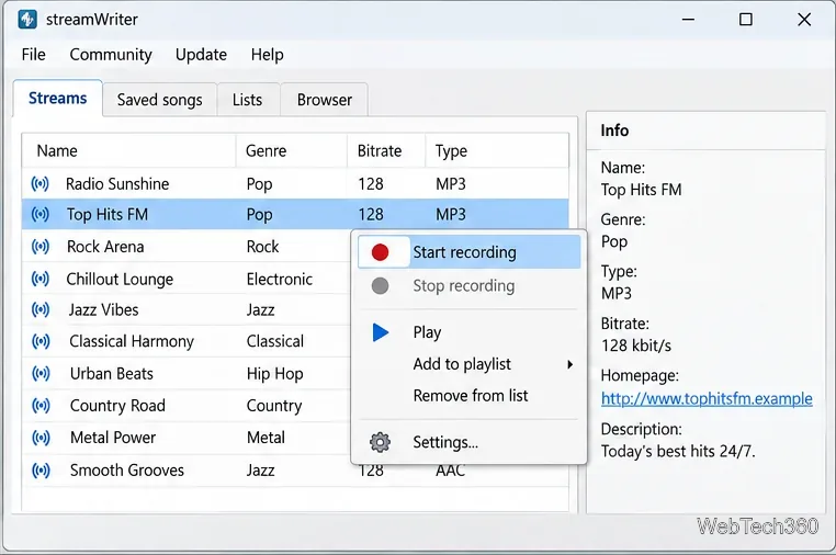 Liste des flux de style streamWriter avec une station sélectionnée et l'option « Démarrer l'enregistrement » dans son menu contextuel