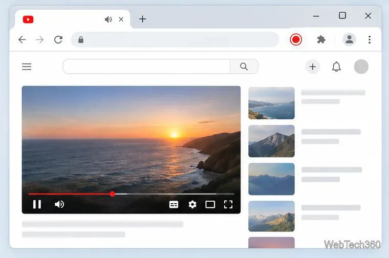 O filă Chrome activă cu comenzi de redare audio și pictograma extensiei de înregistrare vizibilă în bara de instrumente.