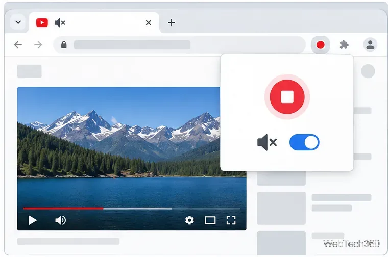 O filă Chrome cu indicatorul de dezactivare a sunetului difuzorului și un panou de extensie care afișează un comutator pentru dezactivarea sunetului filei.