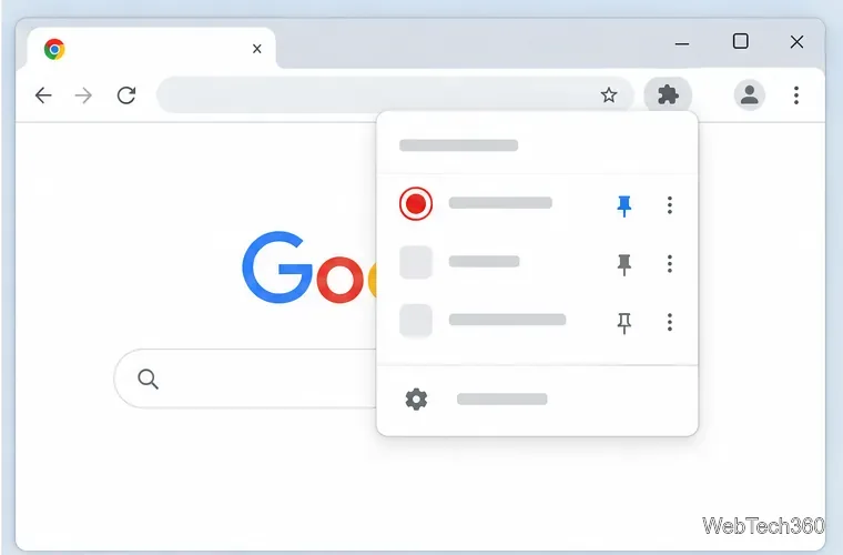 Meniul Extensii Chrome se deschide sub butonul din bara de instrumente cu piesă de puzzle, cu un control cu ​​indicator de direcție lângă o extensie.