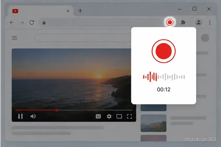 Un panou de captură al unei extensii Chrome cu un control de înregistrare roșu și o formă de undă audio.