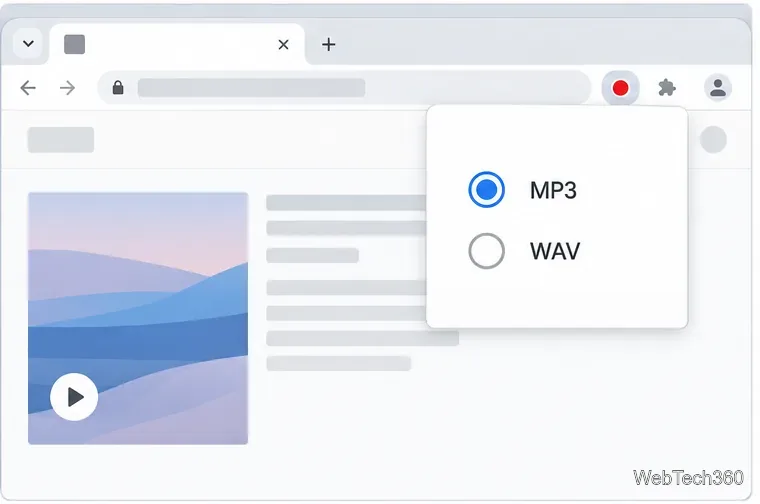 Un panou de extensie pentru înregistrarea audio din Chrome care afișează MP3 și WAV ca opțiuni de format de ieșire.