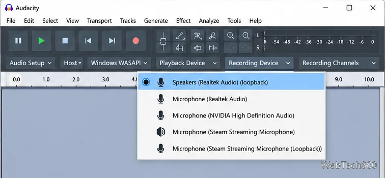 Menu do dispositivo de gravação do Audacity com destaque para o loopback dos alto-falantes (Realtek Audio).