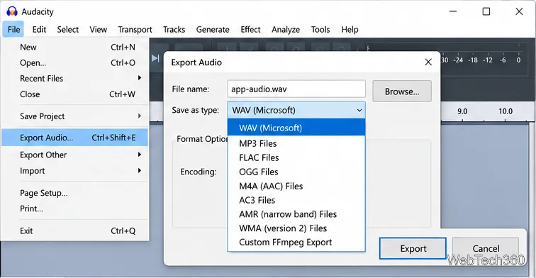 Menu Arquivo do Audacity com a opção Exportar Áudio selecionada e as opções de formato WAV e MP3 visíveis.