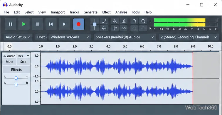 Gravação de uma forma de onda estéreo no Audacity a partir da reprodução do Windows com medidores de áudio ativos.