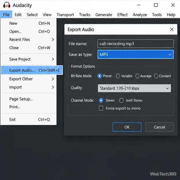 Meniul Fișier Audacity și dialogul Exportă audio cu MP3 selectat