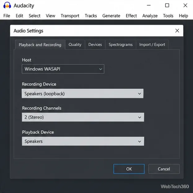 Setările audio Audacity afișează Difuzoarele (loopback) ca dispozitiv de înregistrare și Difuzoarele ca redare