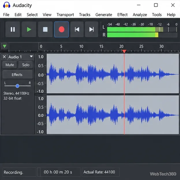 Înregistrarea unei forme de undă stereo prin Audacity cu contoare de înregistrare verzi active