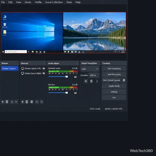 OBS preview showing two captured desktops side by side