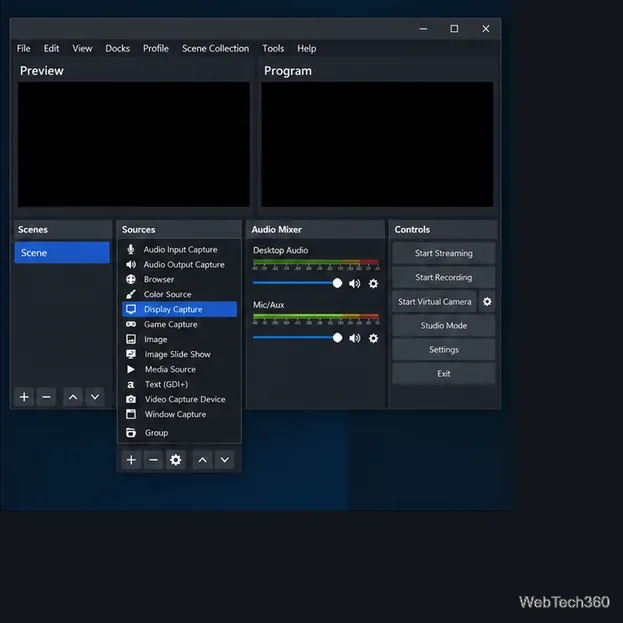 OBS Studio Sources menu with Display Capture highlighted