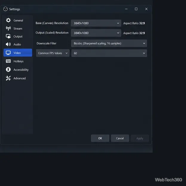 OBS Video settings with Base Canvas Resolution set to 3,840 by 1,080