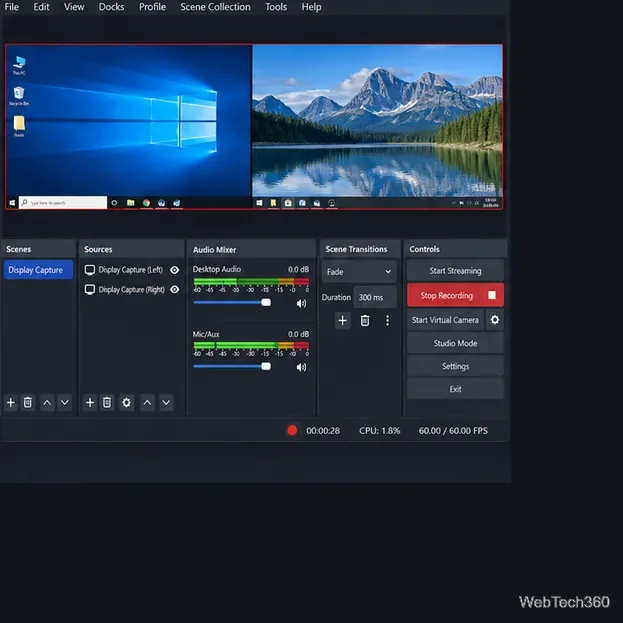 OBS recording controls with a two-display preview and Stop Recording button