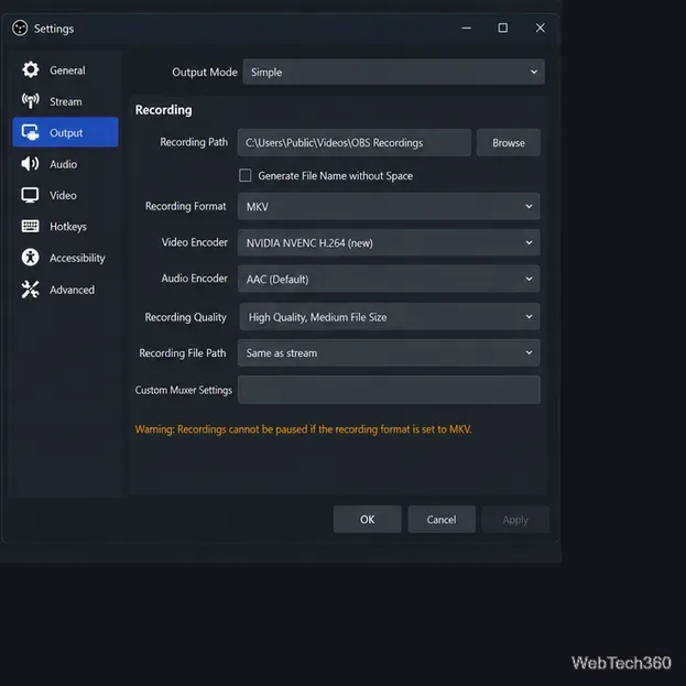 OBS Output settings showing a recording folder and MKV format