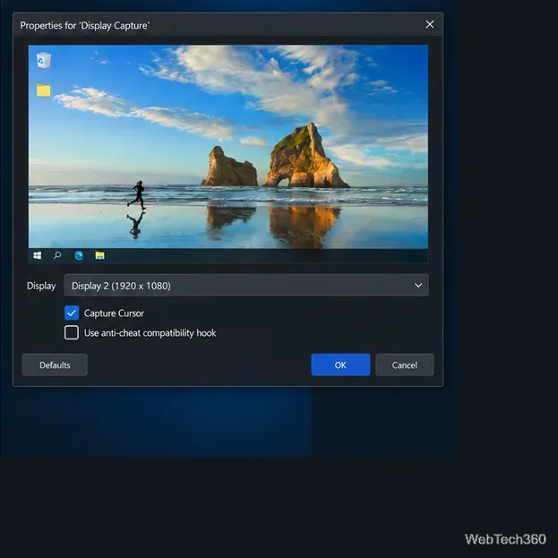 Display Capture properties with Display 2 selected