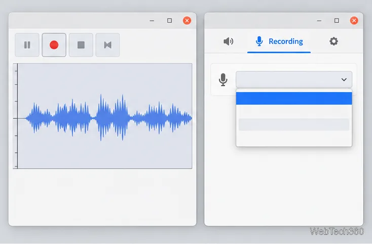 Audacity test recording beside pavucontrol’s Recording tab and capture-source menu