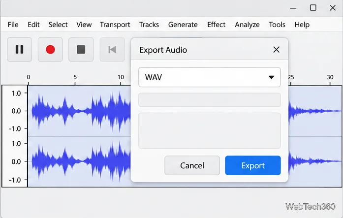 Audacity Export Audio dialog with WAV selected