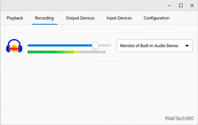 pavucontrol Recording tab with Monitor of Built-in Audio Stereo selected