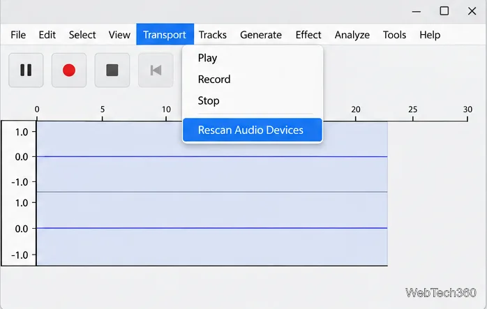 Audacity Transport menu showing Rescan Audio Devices above a flat stereo track
