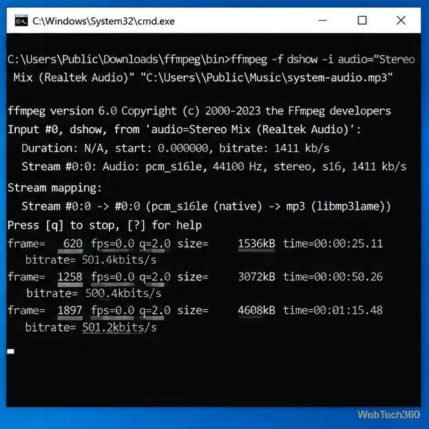 FFmpeg running in Command Prompt and writing captured Stereo Mix audio to an MP3 file with recording progress displayed